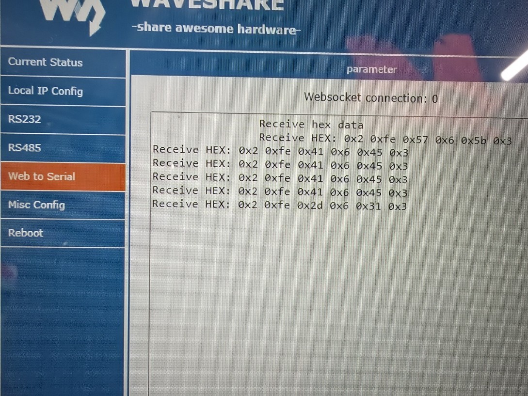 Odposlech RS-232 hex dat — plná komunikace